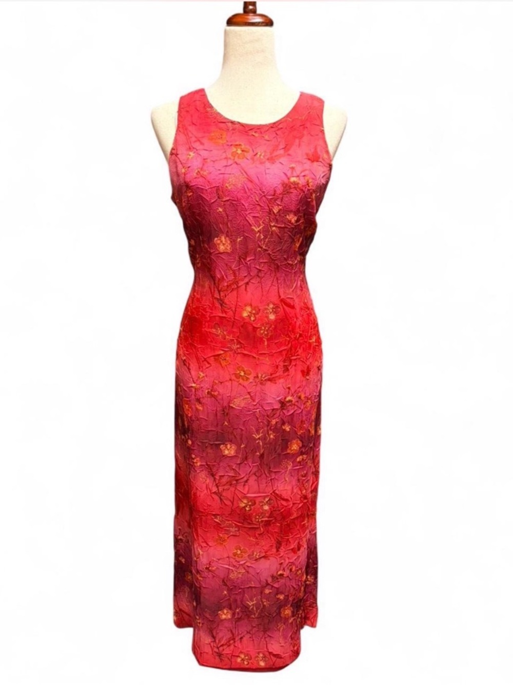 Vtg 90s Fairycore Michael B Petites Red Floral Crinkle Maxi Dress ILGWU Sz 12